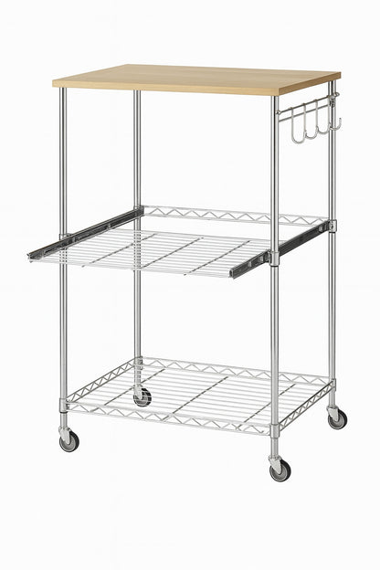 Numhew 3 Tier Rolling Kitchen Cart 23 in x 15 in Chrome Microwave Cart with Oak Wood Tabletop Hooks and Drawer Slider