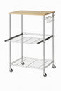 Numhew 3 Tier Rolling Kitchen Cart 23 in x 15 in Chrome Microwave Cart with Oak Wood Tabletop Hooks and Drawer Slider