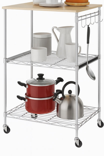 Numhew 3 Tier Rolling Kitchen Cart 23 in x 15 in Chrome Microwave Cart with Oak Wood Tabletop Hooks and Drawer Slider