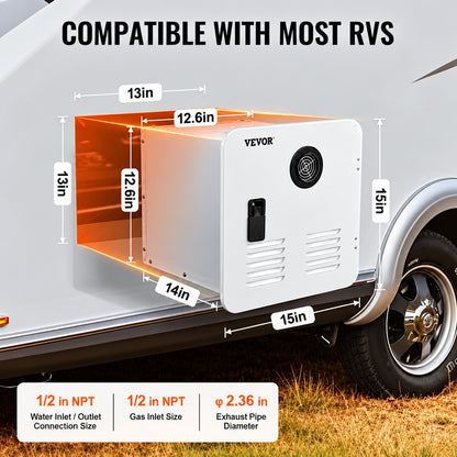VEVOR RV Tankless Water Heater Instant Shower with 15 x 15 in White Door and Remote Controller 55000BTU Optimized Hot Water JRSFCRSQ15X1DWU9QV9