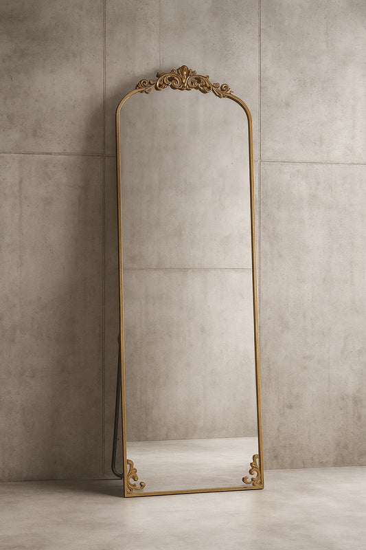 Bronze 21 in. W x 64 in. H Arched Aluminum Alloy Framed with Carved Decoration Full Length Mirror