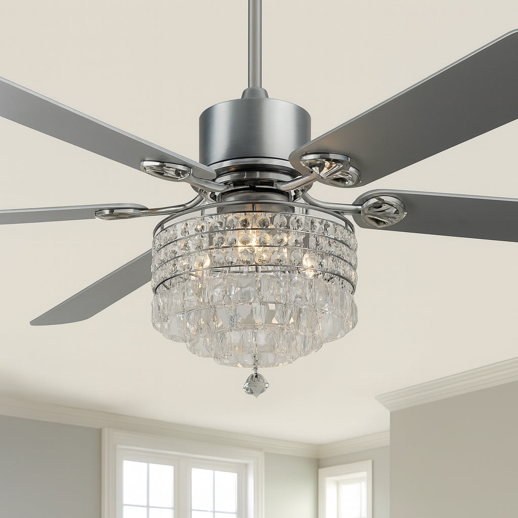 Oaks Aura Vivace 65 in. Indoor Modern Glam Crystal Reversible Chrome Ceiling Fan with Lights, 6-Speed Quiet Ceiling Fan w/ Remote