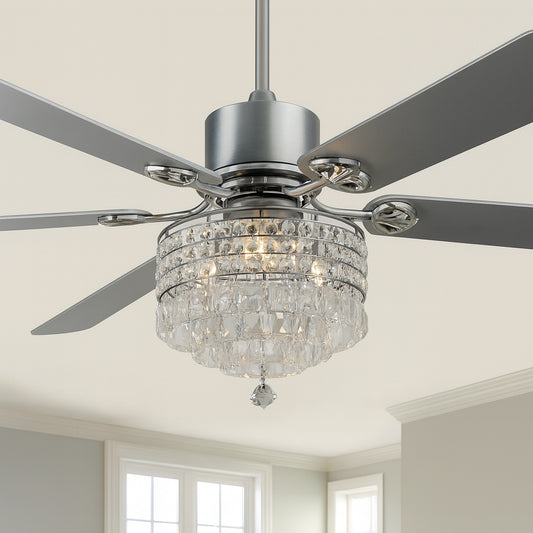 Oaks Aura Vivace 65 in. Indoor Modern Glam Crystal Reversible Chrome Ceiling Fan with Lights, 6-Speed Quiet Ceiling Fan w/ Remote