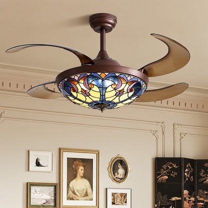 ANTOINE 48 in Smart Indoor Brown Retractable Ceiling Fan with Integrated LED Light and Remote APP Tiffany Glass Shade HD RC 03
