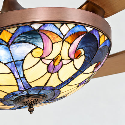 ANTOINE 48 in Smart Indoor Brown Retractable Ceiling Fan with Integrated LED Light and Remote APP Tiffany Glass Shade HD RC 03