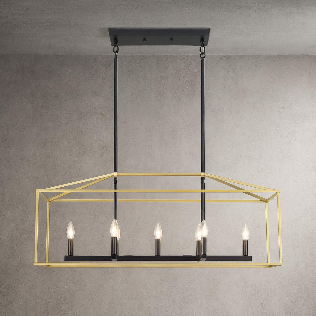 LWYTJO 37 in. 7-Light Black and Gold Modern Linear Kitchen Island Square/Rectangle Chandelier with Caged Metal Shade