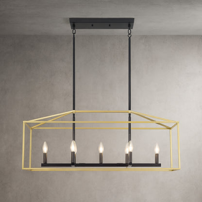 LWYTJO 37 in. 7-Light Black and Gold Modern Linear Kitchen Island Square/Rectangle Chandelier with Caged Metal Shade