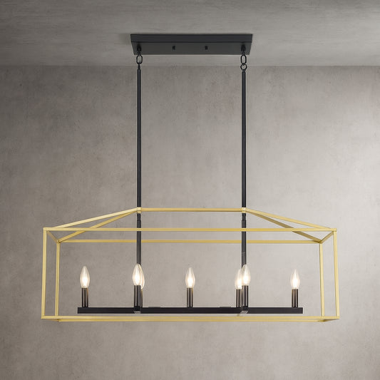 LWYTJO 37 in. 7-Light Black and Gold Modern Linear Kitchen Island Square/Rectangle Chandelier with Caged Metal Shade