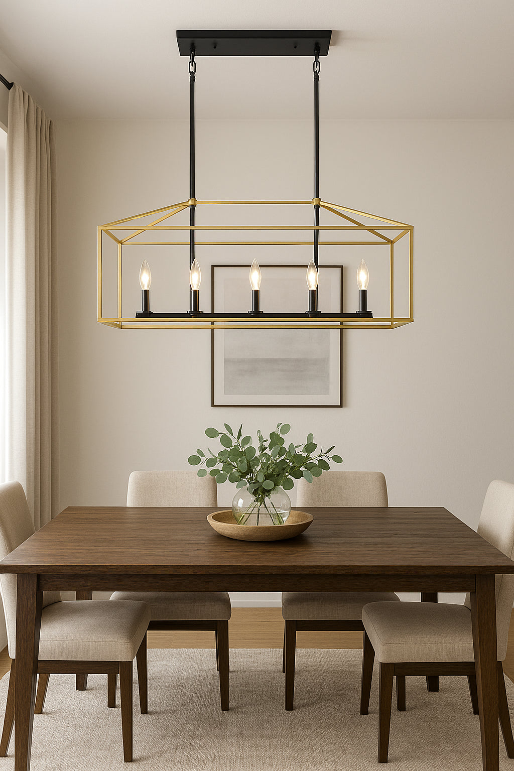 LWYTJO 37 in. 7-Light Black and Gold Modern Linear Kitchen Island Square/Rectangle Chandelier with Caged Metal Shade