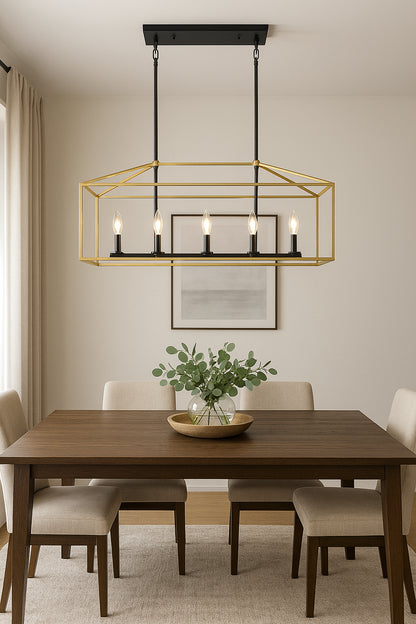 LWYTJO 37 in. 7-Light Black and Gold Modern Linear Kitchen Island Square/Rectangle Chandelier with Caged Metal Shade