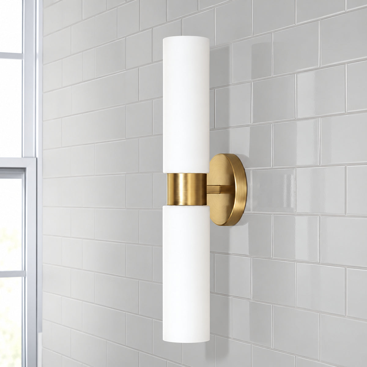 HOMEPLACE LIGHTING Theo 5 in W x 20 5 in H 2 Light Dual Linear Sconce Bath Bar Light in Aged Brass with Soft White Glass 652621AD