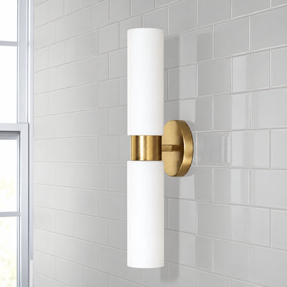 HOMEPLACE LIGHTING Theo 5 in W x 20 5 in H 2 Light Dual Linear Sconce Bath Bar Light in Aged Brass with Soft White Glass 652621AD