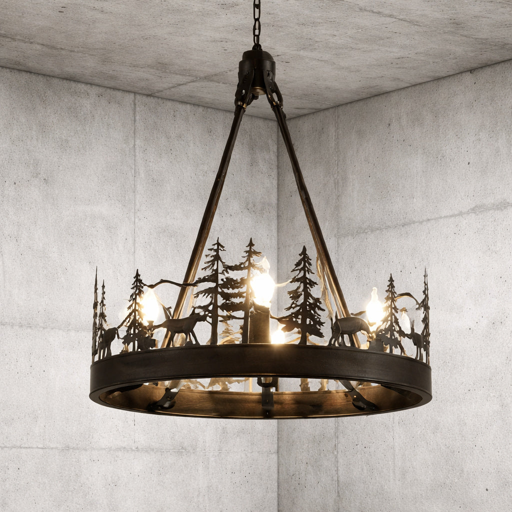 JUSHENG 4 Light Black Ambient Rustic Chandelier Wagon Wheel Farmhouse Chandelier for Dining Living Room Foyer