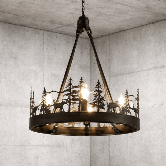 JUSHENG 4 Light Black Ambient Rustic Chandelier Wagon Wheel Farmhouse Chandelier for Dining Living Room Foyer