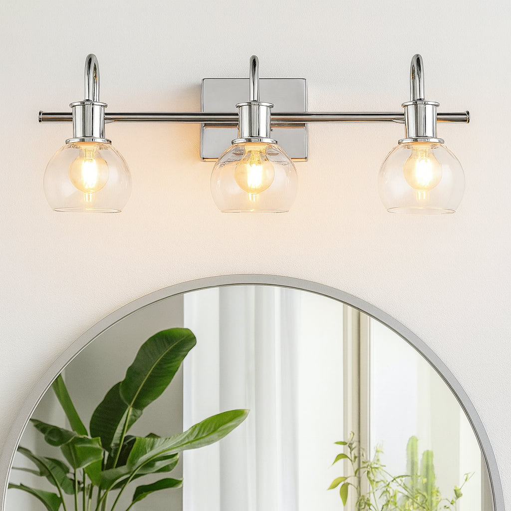 JUSHENG 22.04 in. 3-Light Nickel Bathroom Vanity Light with Clear Glass Shade for Bathroom Modern Wall Sconce