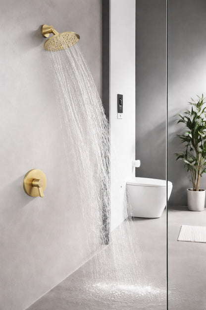 AKLFGN Single Handle 1 Spray Shower Faucet 1 75 GPM with 8 in High Pressure Rain Shower Head in Brushed Gold