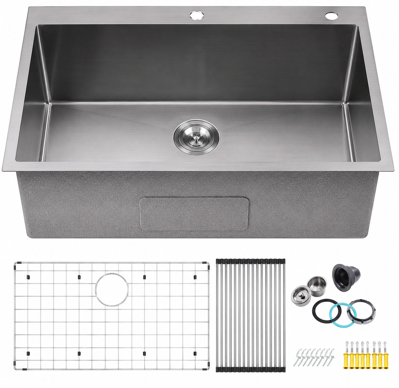 WISBEAM 32 in Drop In Undermount Single Bowl 16 Gauge Gunmetal Black 304 Stainless Steel Kitchen Sink with Accessories