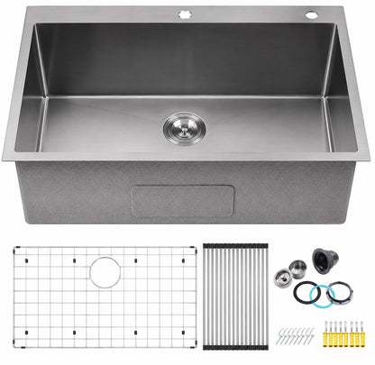 WISBEAM 32 in Drop In Undermount Single Bowl 16 Gauge Gunmetal Black 304 Stainless Steel Kitchen Sink with Accessories