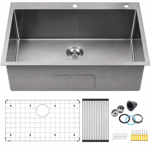 WISBEAM 32 in Drop In Undermount Single Bowl 16 Gauge Gunmetal Black 304 Stainless Steel Kitchen Sink with Accessories