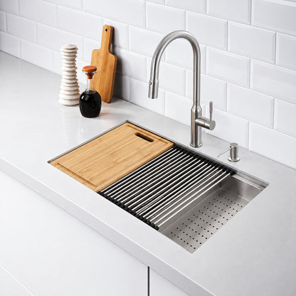 Glacier Bay Zero Radius 30 in Undermount Single Bowl 18 Gauge Stainless Steel Workstation Kitchen Sink and Accessories