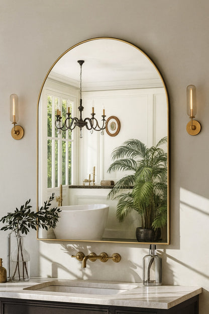 XRAMFY Gold 30 in W x 40 in H Arched Bathroom Mirror Mirror Wall Aluminum Alloy Framed Mirror