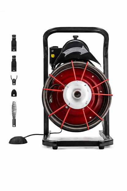 SKYSHALO Drain Cleaner Machine w Manual Feed 50 ft x 1 2 in Sewer Snake Auger 4 Cutters and Air Foot Switch for 2 6 in Pipes