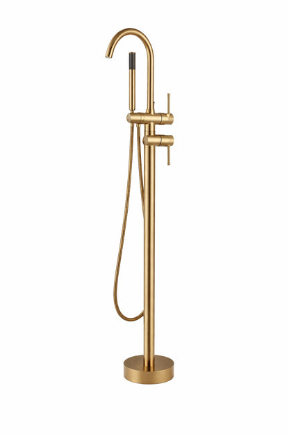 AKLFGN Single Handle Freestanding Floor Mount Roman Tub Faucet Bathtub Filler with Hand Shower in Brushed Gold