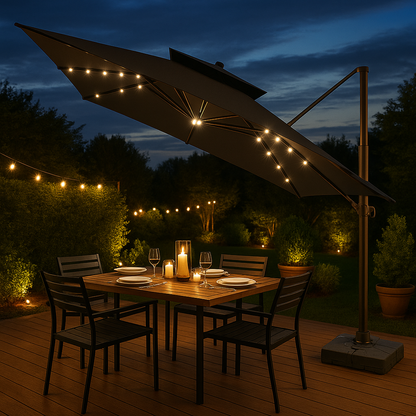 Solar LED 11 ft. Square Double Top 360° Swivel Cantilever Patio Umbrella in Black with 260 lbs. Umbrella Base