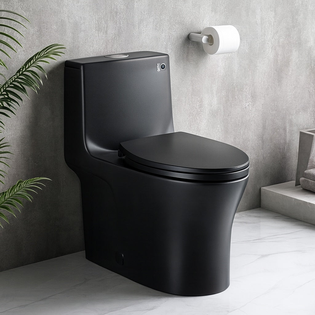 EAKYHOM Power Flush One Piece 1 1 1 6 GPF Dual Flush Elongated 15 1 in Toilet in Matte Black Slow Close Seat Included