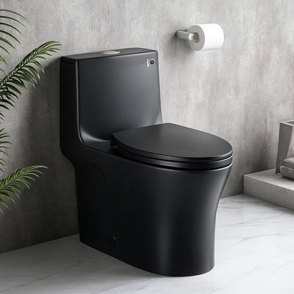 EAKYHOM Power Flush One Piece 1 1 1 6 GPF Dual Flush Elongated 15 1 in Toilet in Matte Black Slow Close Seat Included