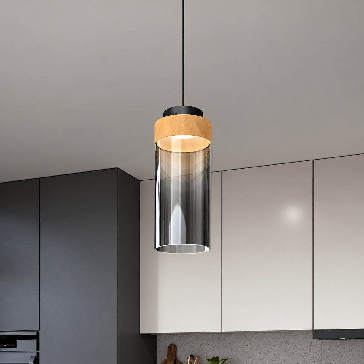 Artika Hanson 14 Watt 1 Light Modern Black and Wood 5CCT Integrated LED Hanging Pendant Light with Smoked Glass Diffuser PDT1 HN5C HD2BW