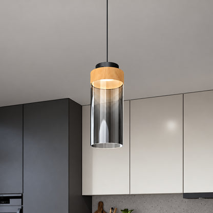 Artika Hanson 14 Watt 1 Light Modern Black and Wood 5CCT Integrated LED Hanging Pendant Light with Smoked Glass Diffuser PDT1 HN5C HD2BW