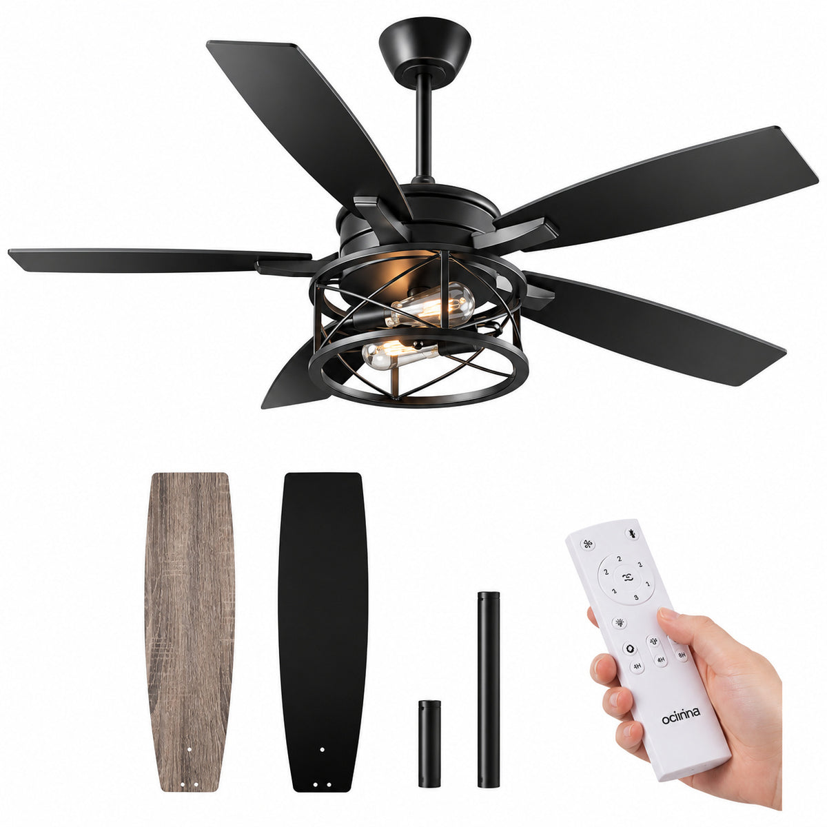 EDISHINE 52 in Black Wood Downrod Standard Farmhouse Ceiling Fan with Integrated LED with Remote Included HCFR01E