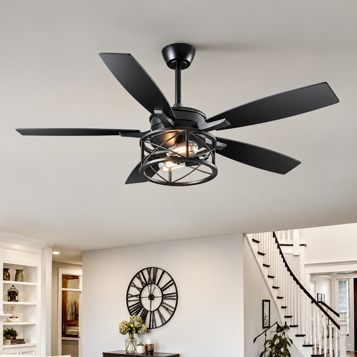 EDISHINE 52 in Black Wood Downrod Standard Farmhouse Ceiling Fan with Integrated LED with Remote Included HCFR01E
