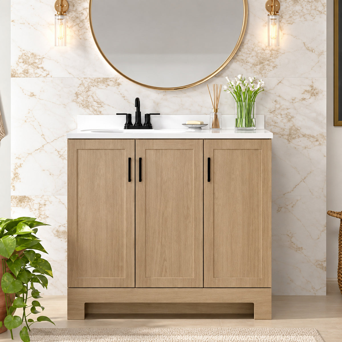 Glacier Bay Oakley 37 in Single Sink Beige Oak Freestanding Bath Vanity with White Cultured Marble Top Assembled