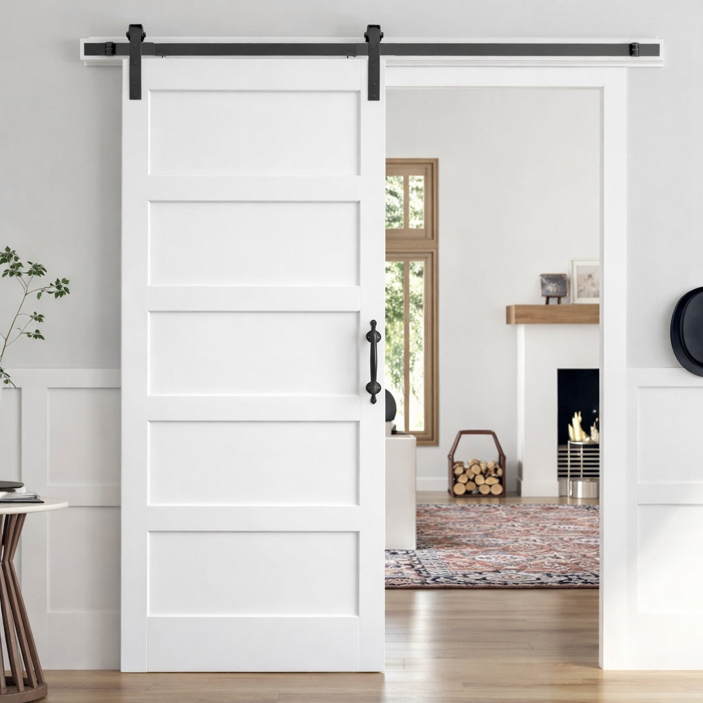 easelife 36 in x 96 in 5 Panel Solid MDF White Finished Interior Sliding Barn Door with Hardware Kit