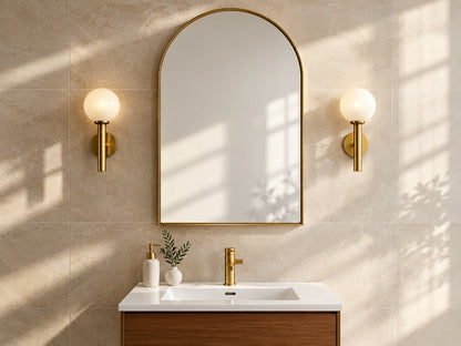 Swiss Madison Porte 20 in W x 30 in H Arched Recessed Wall Mount Medicine Cabinet with Mirror in Gold SM MC9001BG
