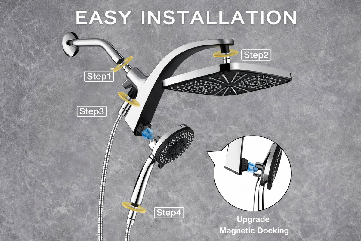 Numhew 2 Piece High Pressure Rain Shower Head in Chrome with Fixed Showerhead and 10 Sprays Handheld Shower Head