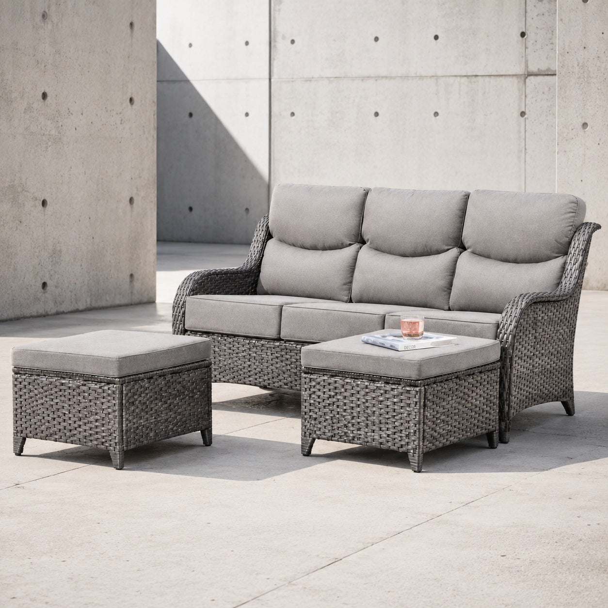 Bellefurn NovaSwivel Brown 3 Piece Wicker Outdoor Couch Patio Sectional Sofa with 6 in Thick Gray Cushions and Ottomans