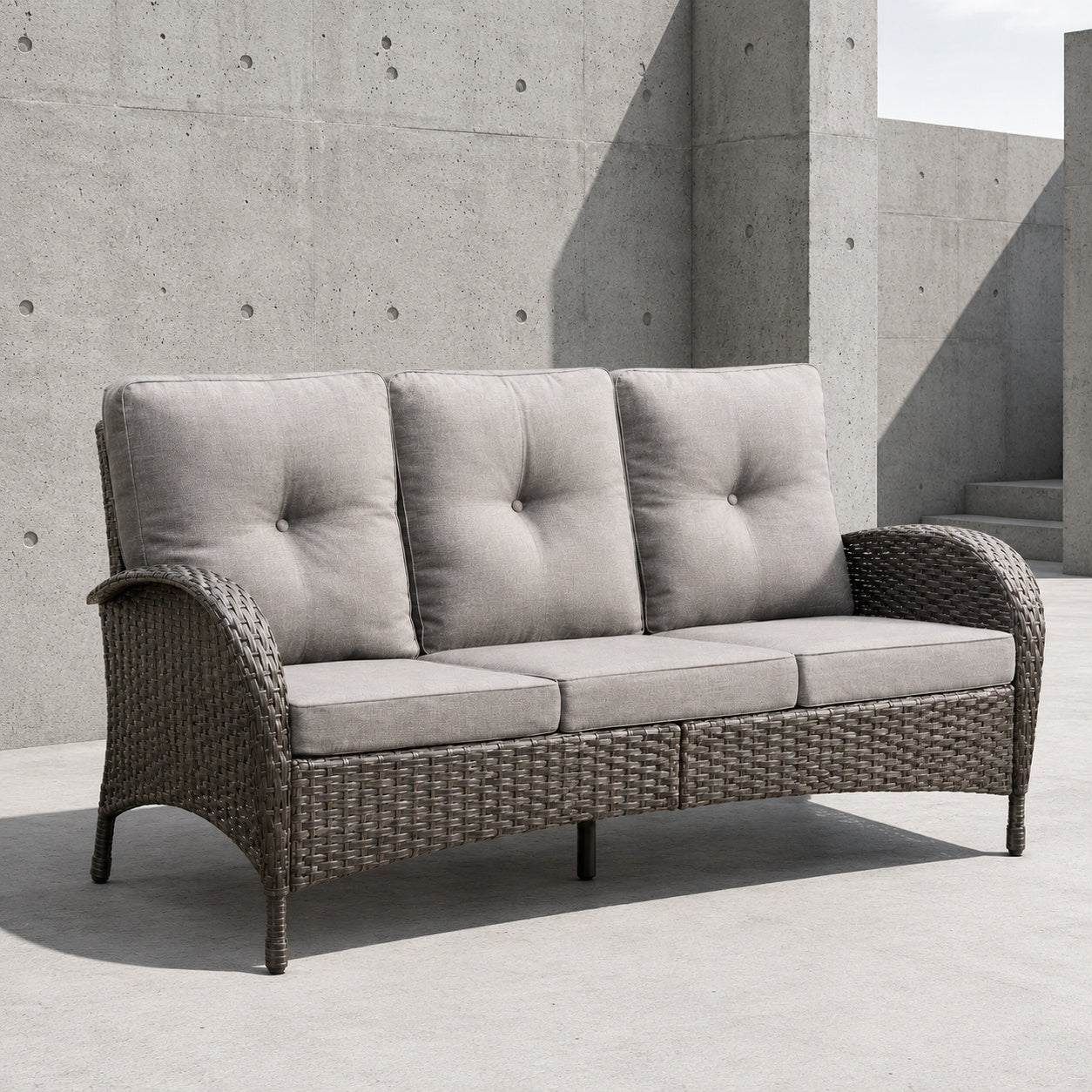 Bellefurn NovaSwivel Brown 3 Piece Wicker Outdoor Couch Patio Sectional Sofa with 6 in Thick Gray Cushions and Ottomans