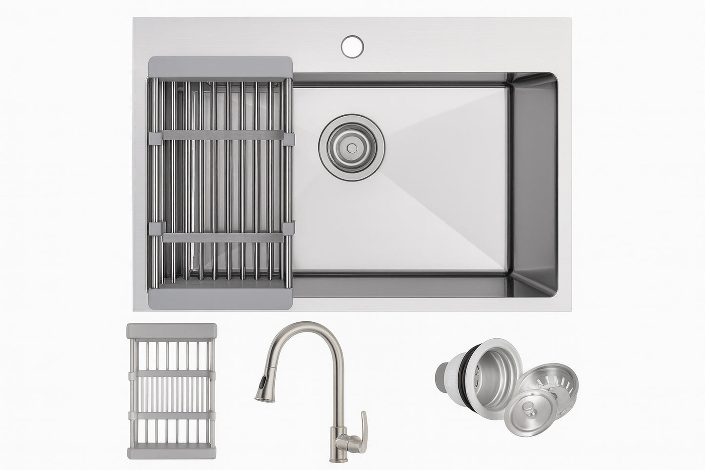 AKDY All-in-One 25 in. x 22 in. Drop-in Single Bowl Stainless Steel Kitchen Sink with Pull-Down Kitchen Faucet