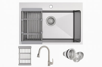 AKDY All-in-One 25 in. x 22 in. Drop-in Single Bowl Stainless Steel Kitchen Sink with Pull-Down Kitchen Faucet