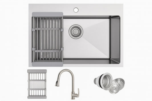 AKDY All-in-One 25 in. x 22 in. Drop-in Single Bowl Stainless Steel Kitchen Sink with Pull-Down Kitchen Faucet