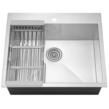 AKDY All-in-One 25 in. x 22 in. Drop-in Single Bowl Stainless Steel Kitchen Sink with Pull-Down Kitchen Faucet
