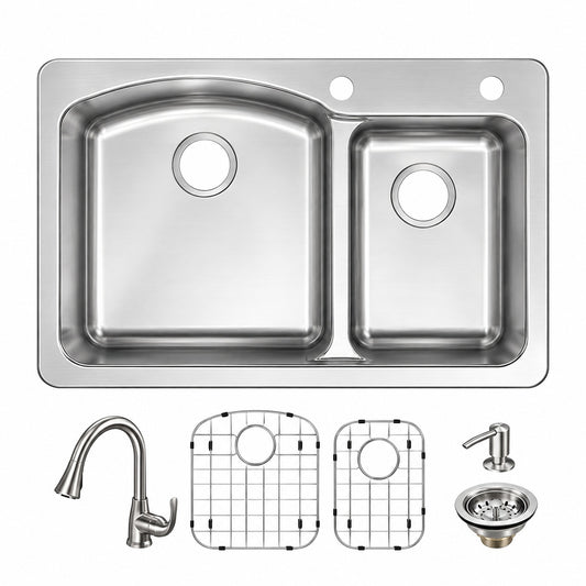 Glacier Bay Bratten 33 in Drop In 60 40 Double Bowl 18 Gauge Stainless Steel Kitchen Sink