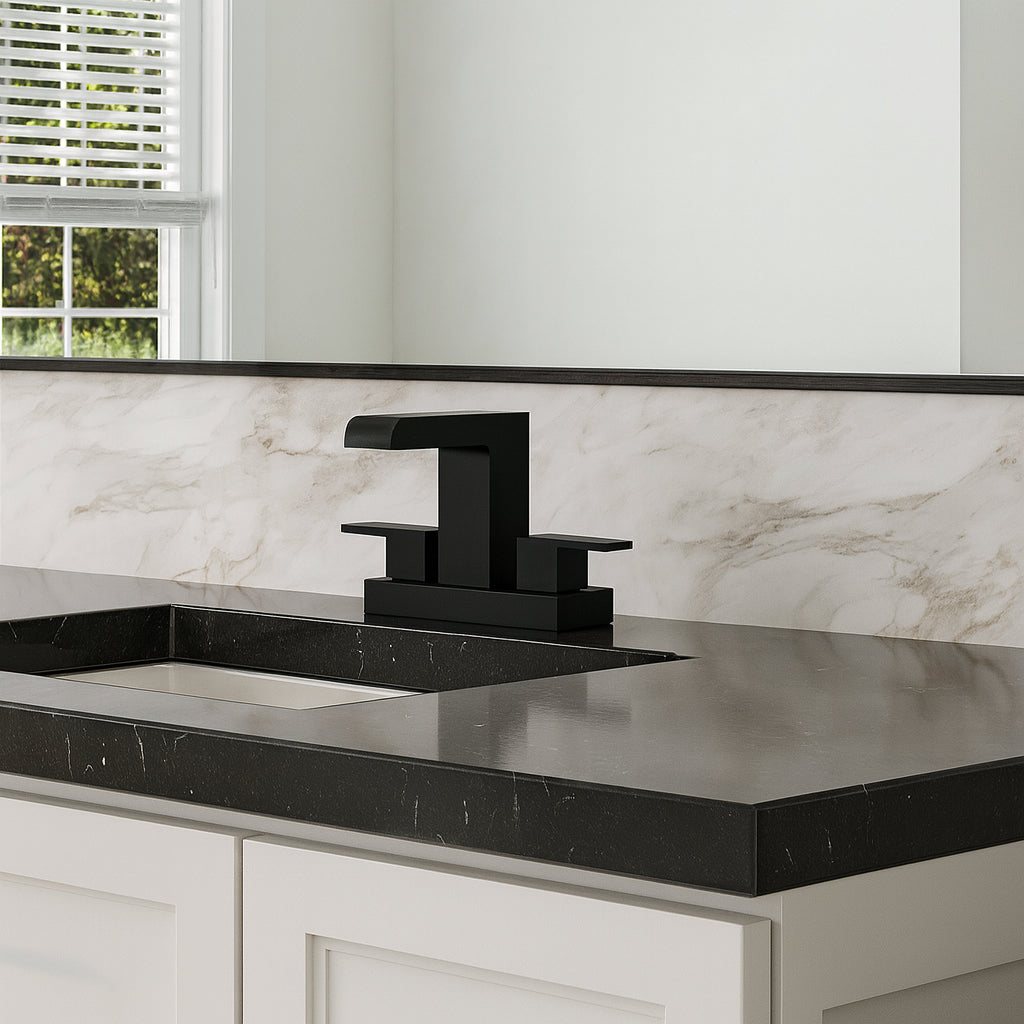 EVERSTEIN Waterfall 4 in. Centerset Double Handle Mid Arc Bathroom Faucet 1.2 GPM in Matte Black