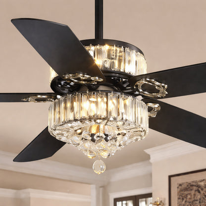 MOKSILED 52 in Indoor Black 3 Color LED Crystal Fandelier 6 Speed Quiet Ceiling Fans with Lights and Remote Control Included
