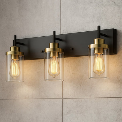 TinHon 23 in. Bathroom Light Fixtures Black and Gold, 3 Light Bathroom Vanity Light Fixture Over Mirror with Clear Glass Shade