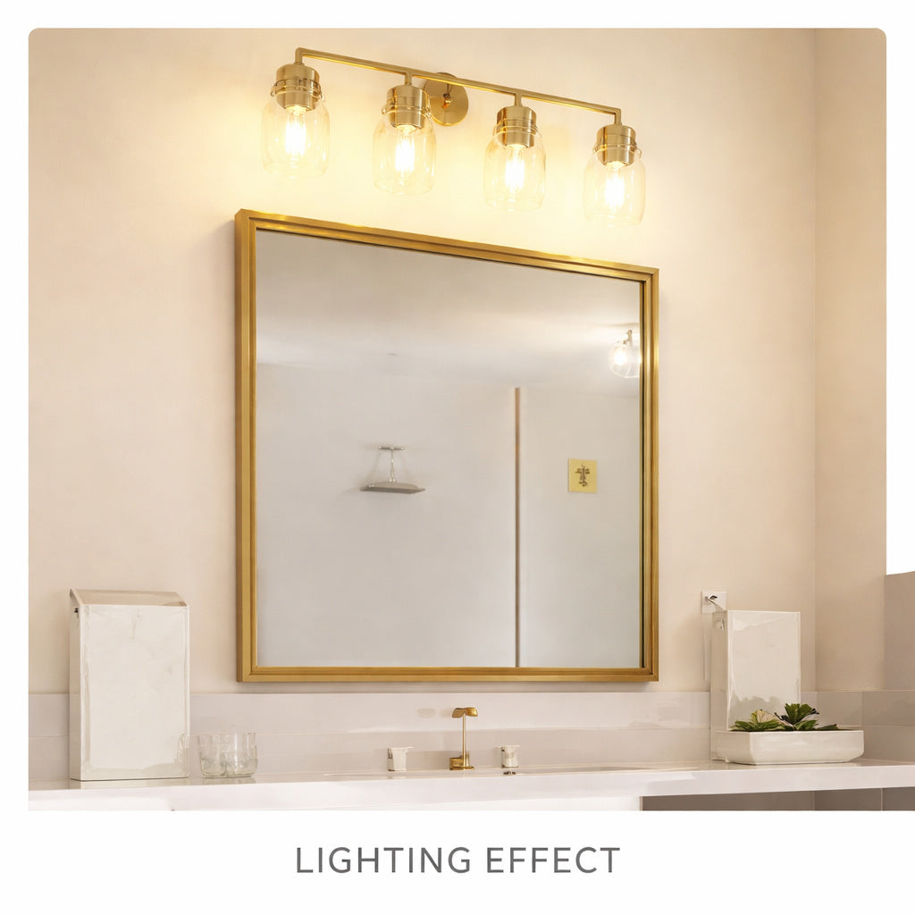 JAZAVA 30 in 4 Light Brushed Gold Vanity Light with Clear Glass Shade