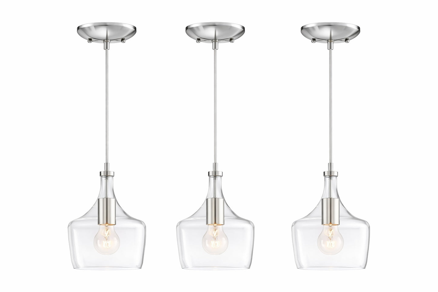 Hukoro 1 Light Brushed Nickel Kitchen Island Pendant Light with Clear Glass Light 3 Pack